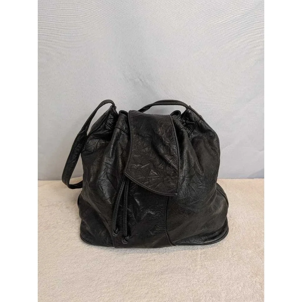 Brio Genuine Leather Drawstring Backpack‎ Shoulder Bag Black Textured Casual